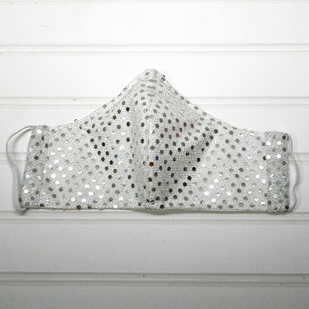HAND CRAFTED Face Mask Silver Confetti Dot Sequin - Adult - Shield Style - Picture 4 of 14